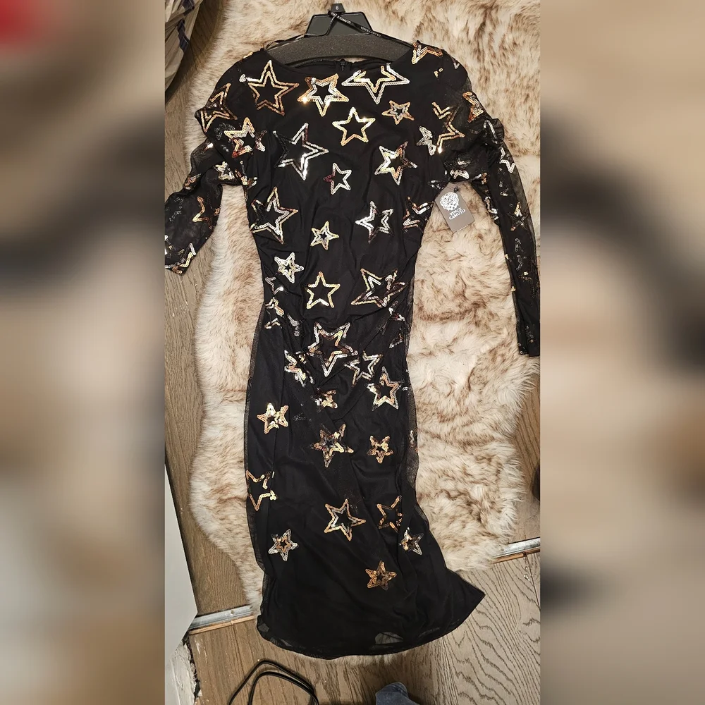 Vince Camuto NWT Black Sequin Star Mesh Dress 8 - Picture 8 of 8